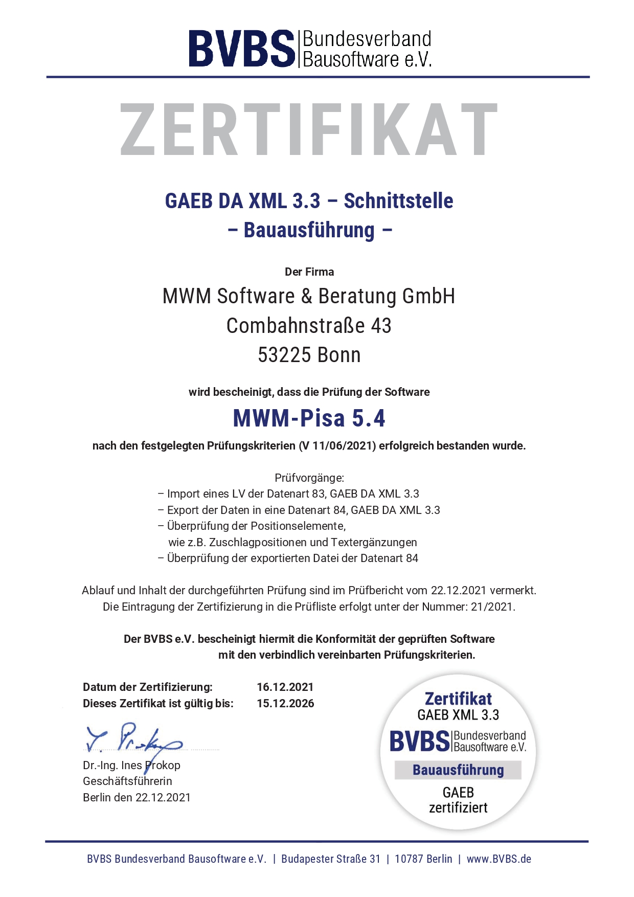 GAEB-Zertifizierung für MWM-Pisa 5.4