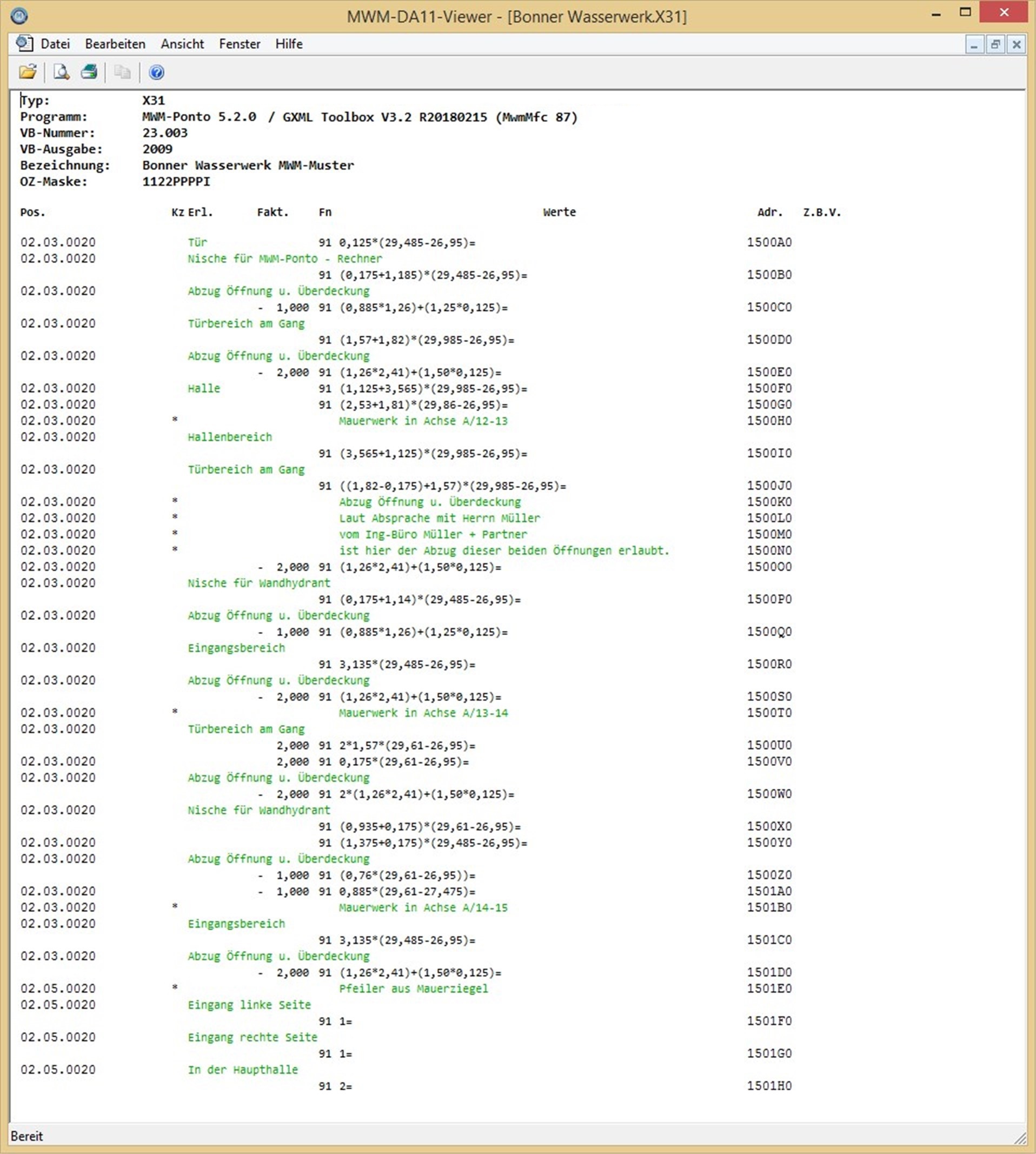 Darstellung der Export-Datei im MWM-Mengen-Viewer