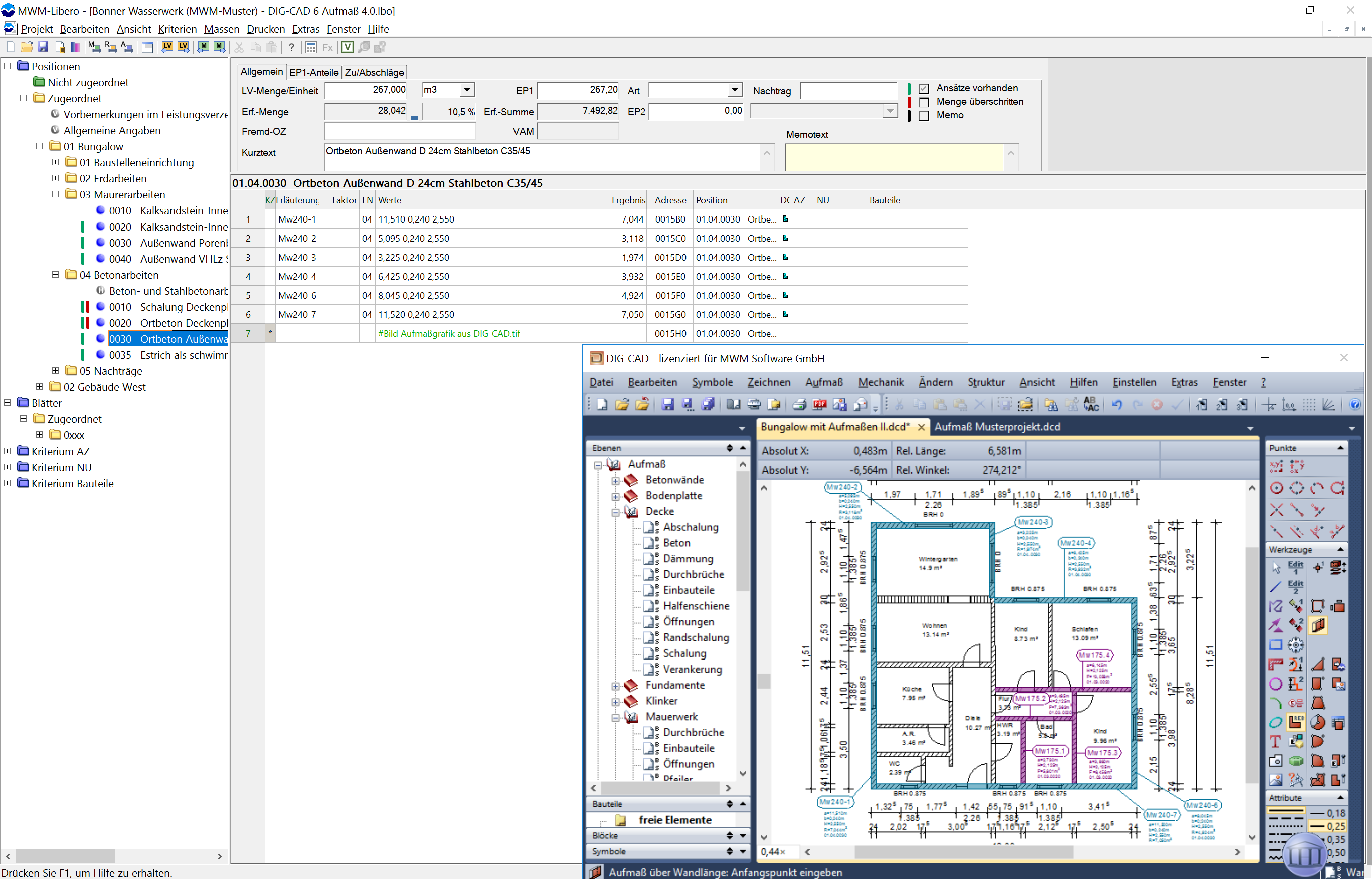 MWM-Libero und DIG-CAD Aufmaß für die grafische Mengenermittlung aus Plänen