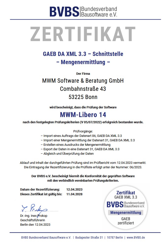 GAEB-Zertifizierung für MWM-Libero 14