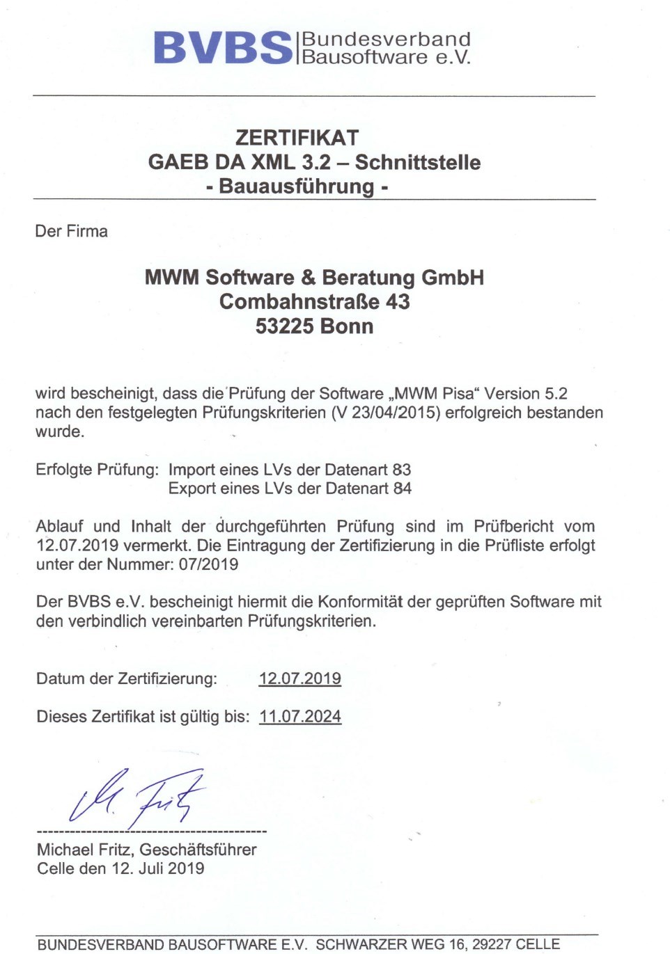 Zertifikat GAEB-DA-XML 3.2 für MWM-Pisa