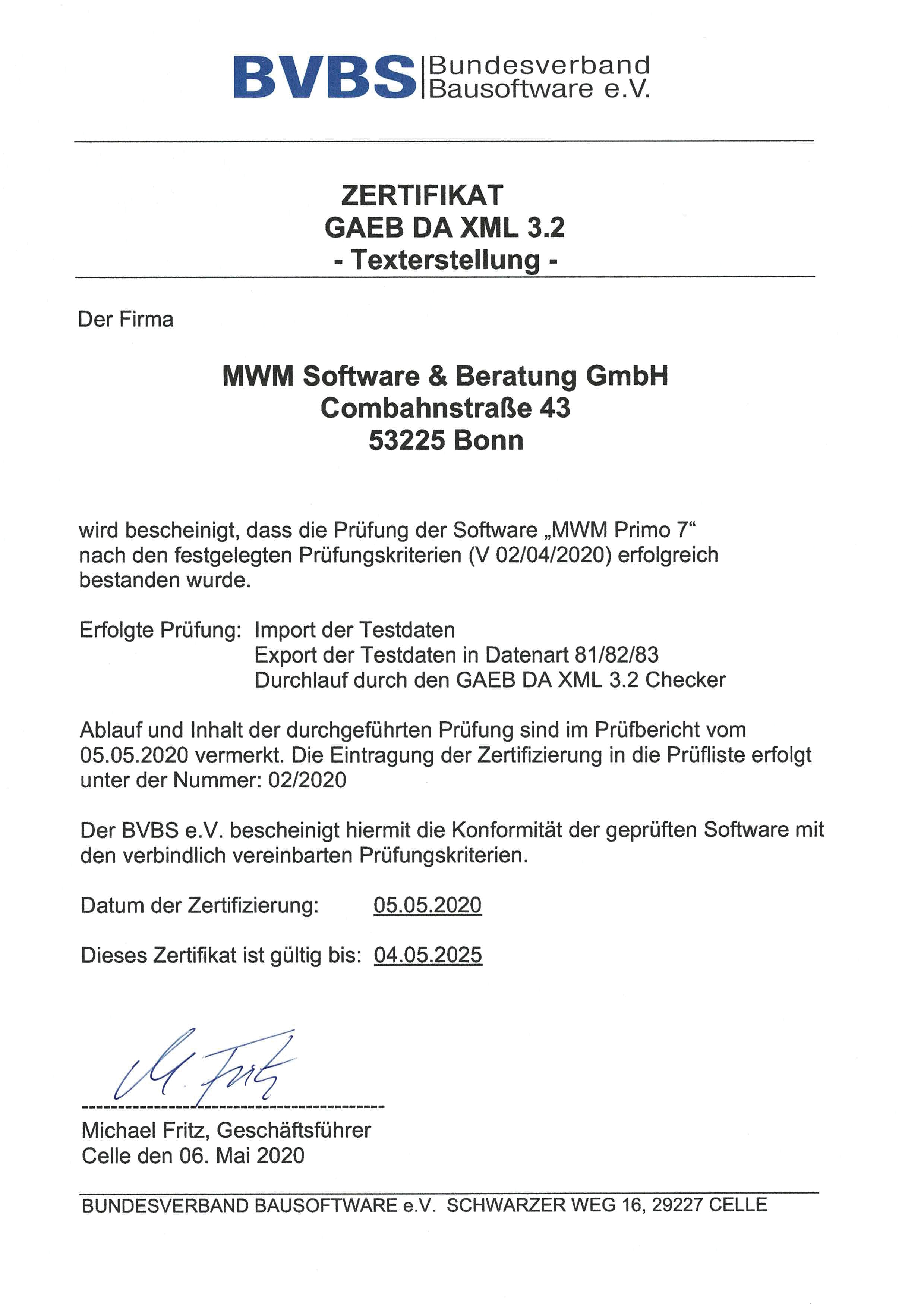 Zertifikat GAEB-DA-XML 3.2 für MWM-Primo
